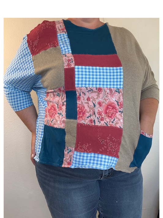 Upcycled Quilted Patchwork Top - The Glenda | Women's XL | Pink Blue Brown Colorful | Pocket