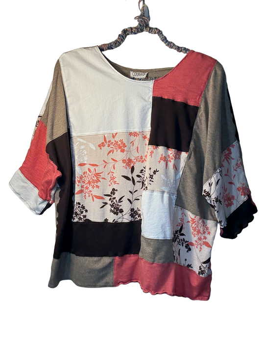 Upcycled Quilted Patchwork Top - The Hazel | Women's XL | Brown Pink Floral