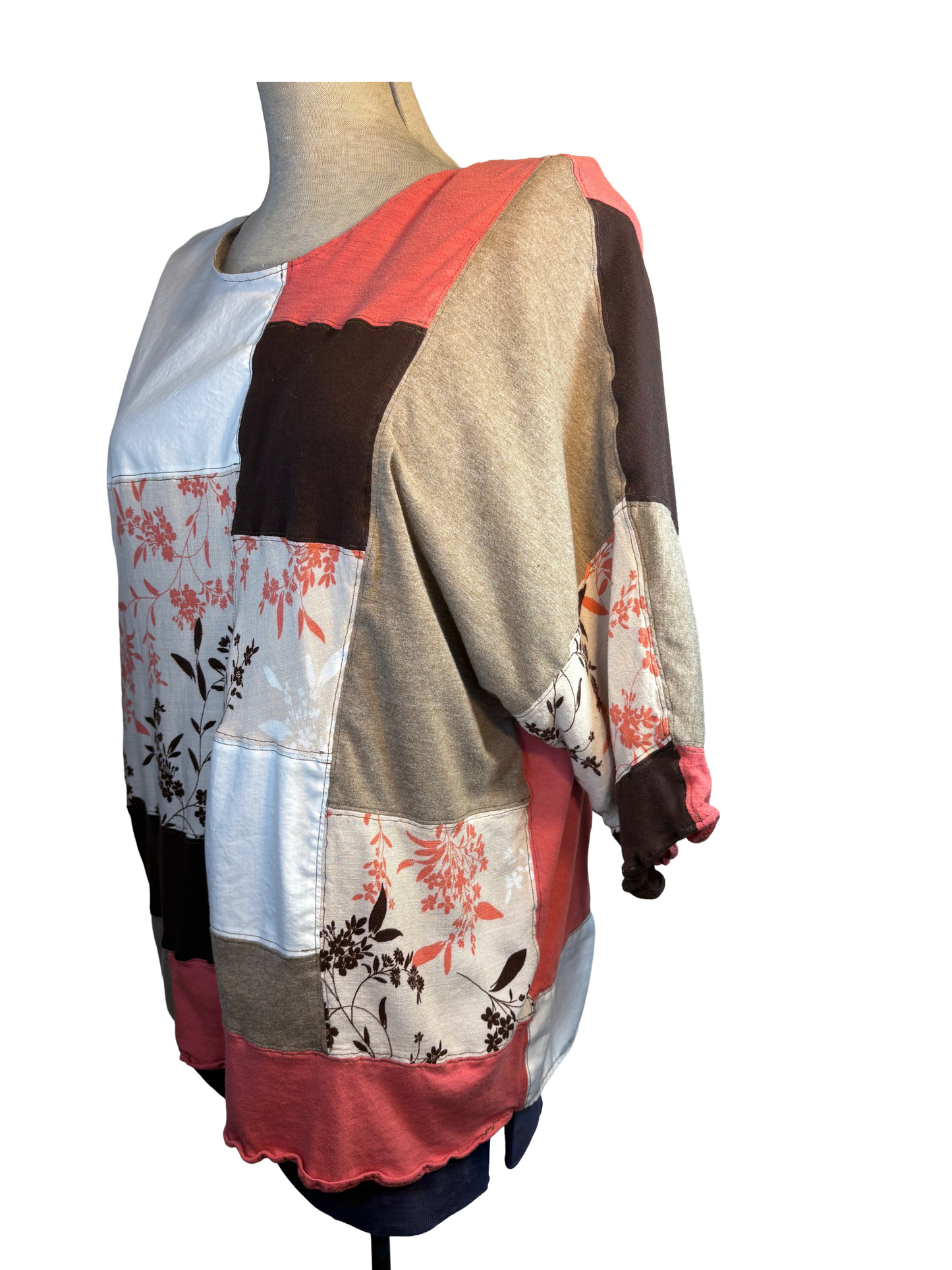 Upcycled Quilted Patchwork Top - The Hazel | Women's XL | Brown Pink Floral