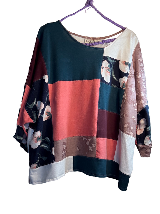 Upcycled Quilted Patchwork Top - The Hazel | Women's XL | Pink Teal Blue