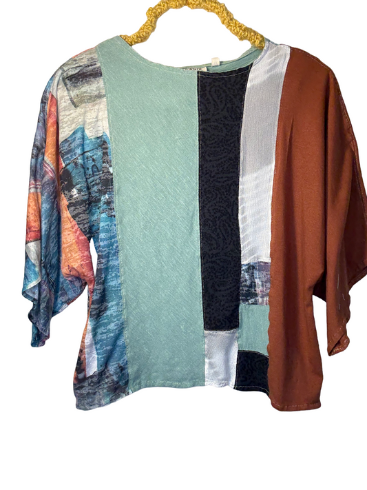 Upcycled Quilted Patchwork Top - The Lisa | Women's Medium | Green Brown