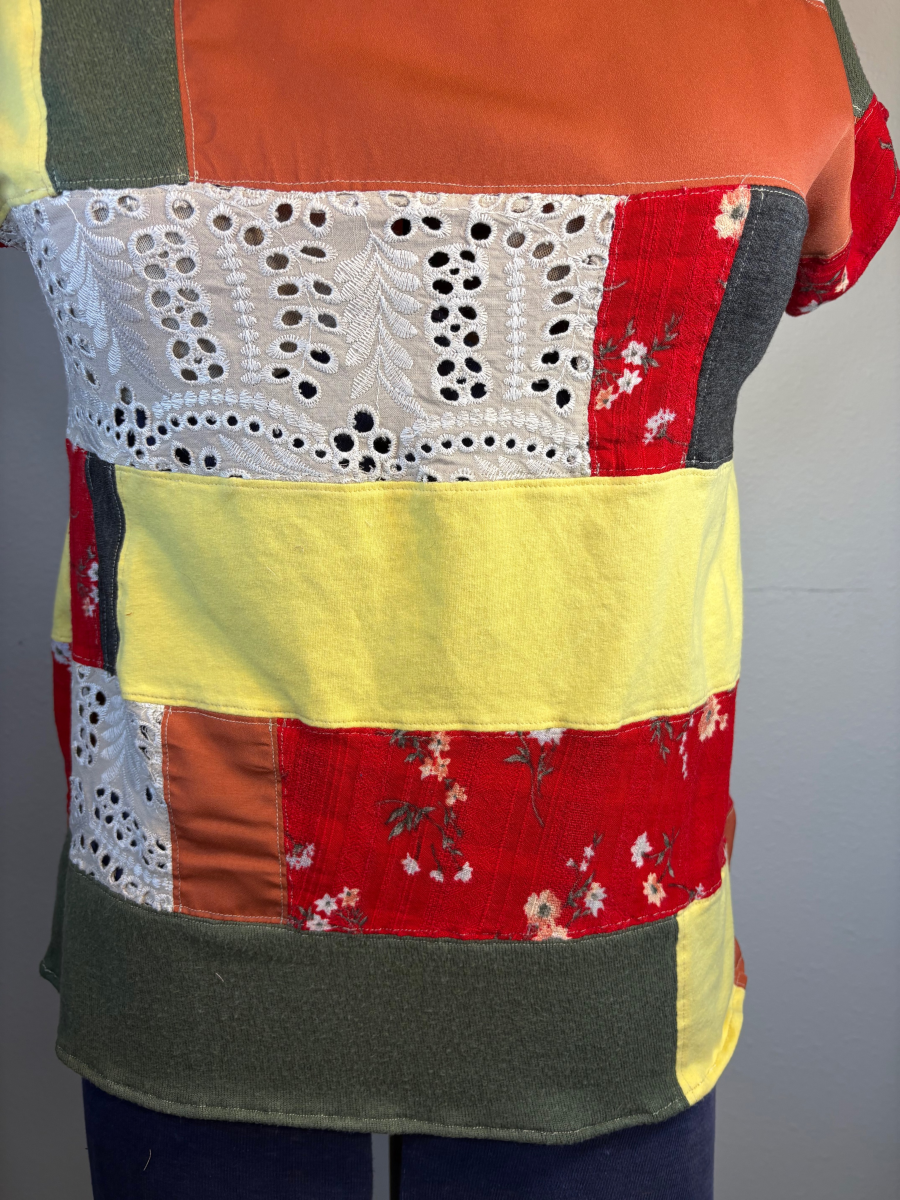 Upcycled Patchwork Top - The Mabel | Women's Medium | Red Yellow Orange