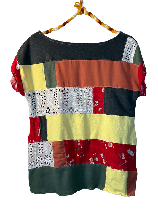 Upcycled Patchwork Top - The Mabel | Women's Medium | Red Yellow Orange