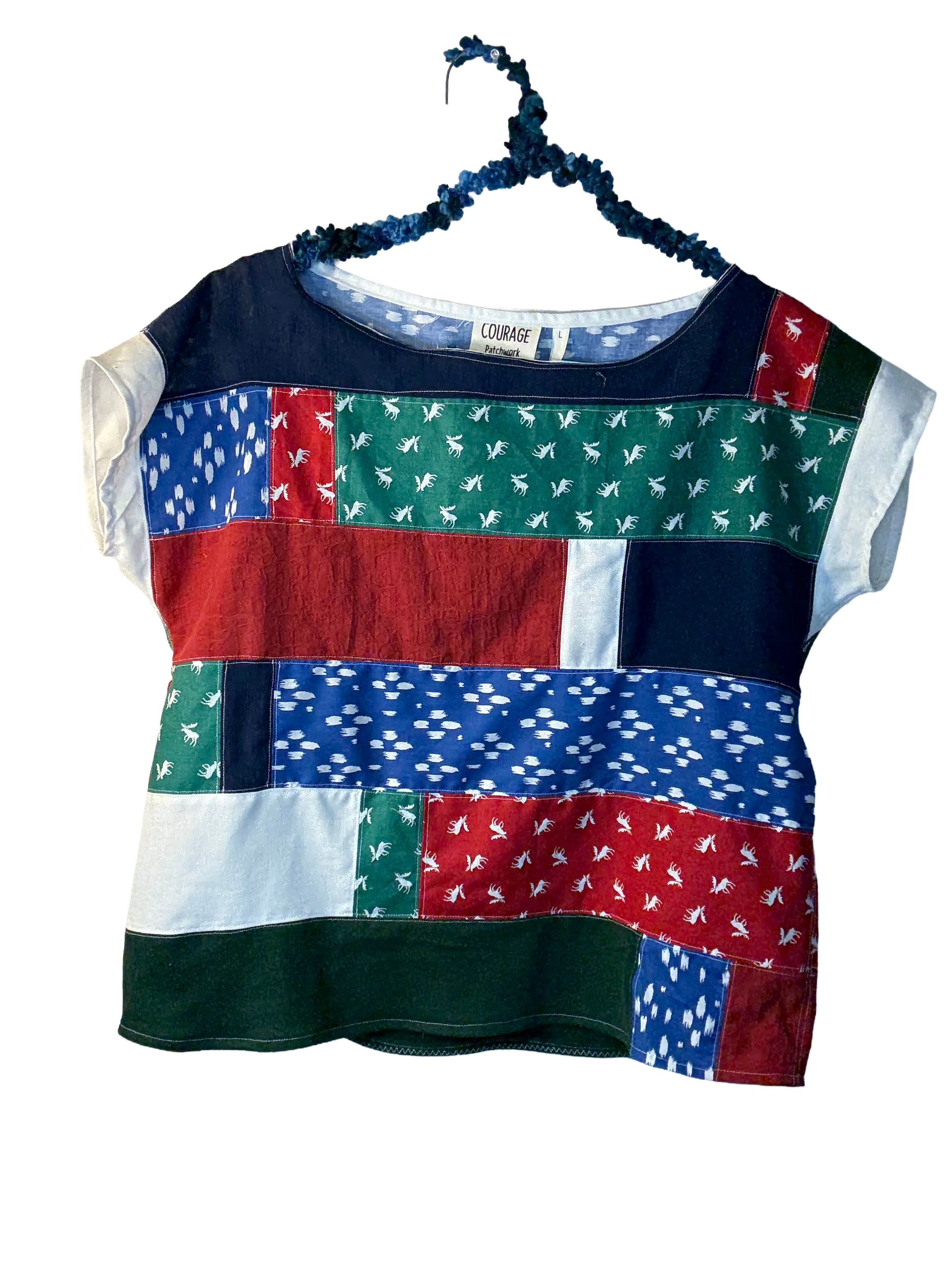 The Mabel - Upcycled Christmas Shirt Cute Boxy Reworked Womens Size Large Top Green Red Blue Holiday Blouse