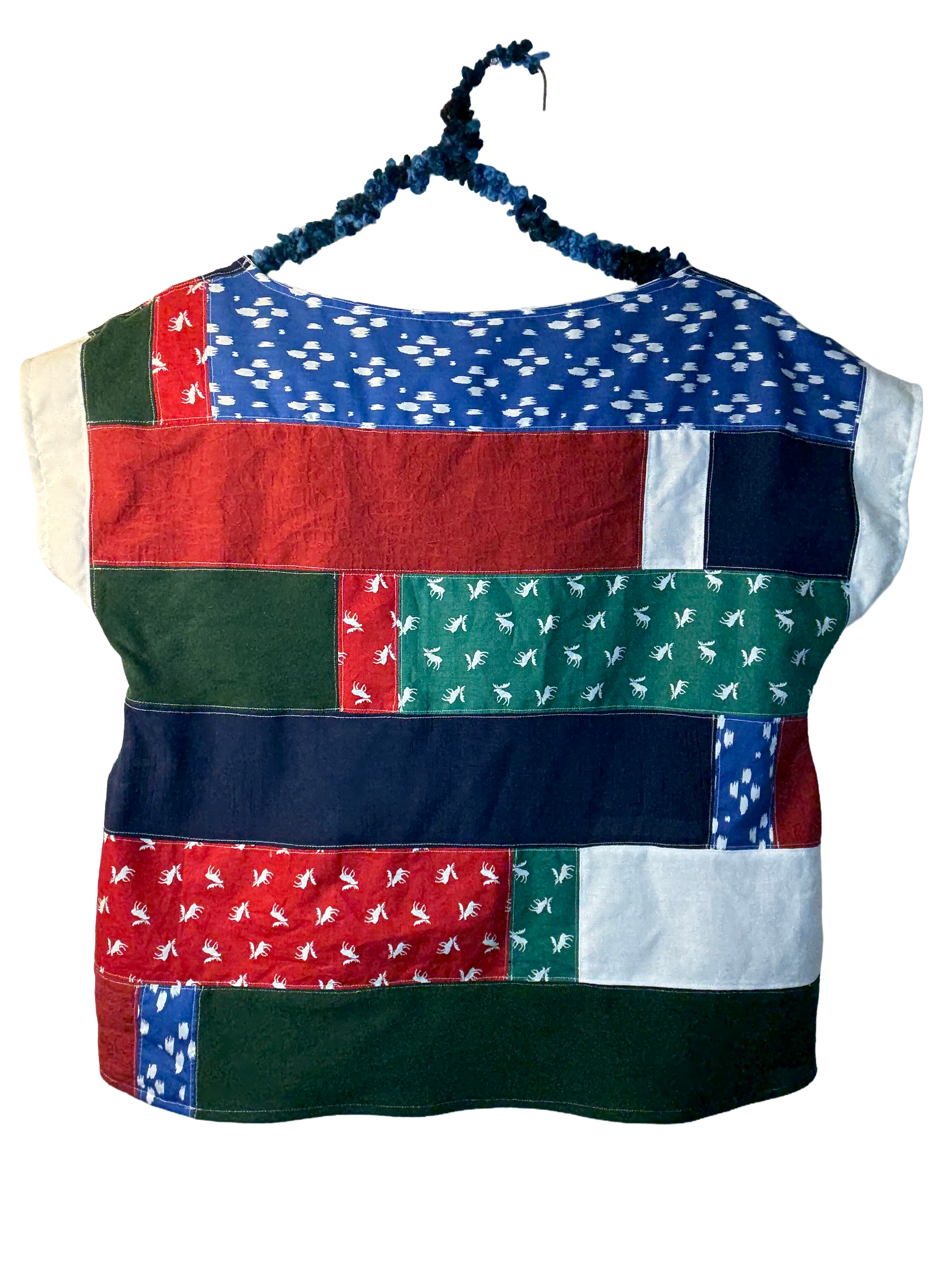 The Mabel - Upcycled Christmas Shirt Cute Boxy Reworked Womens Size Large Top Green Red Blue Holiday Blouse