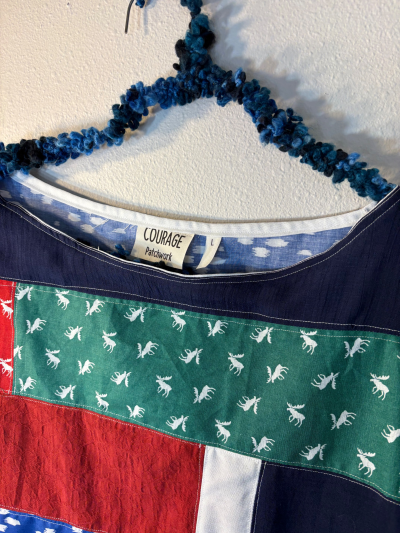 The Mabel - Upcycled Christmas Shirt Cute Boxy Reworked Womens Size Large Top Green Red Blue Holiday Blouse