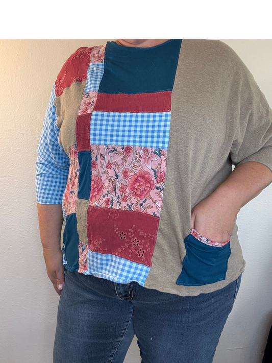 Upcycled Quilted Patchwork Top - The Glenda | Women's XL | Pink Blue Brown Colorful | Pocket