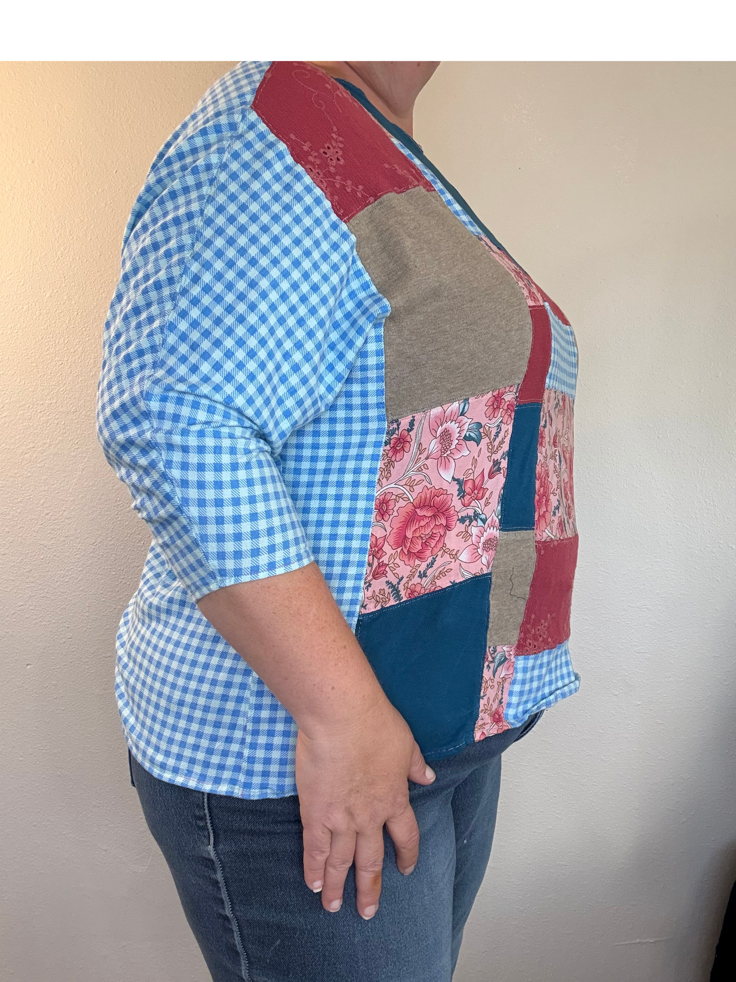 Upcycled Quilted Patchwork Top - The Glenda | Women's XL | Pink Blue Brown Colorful | Pocket