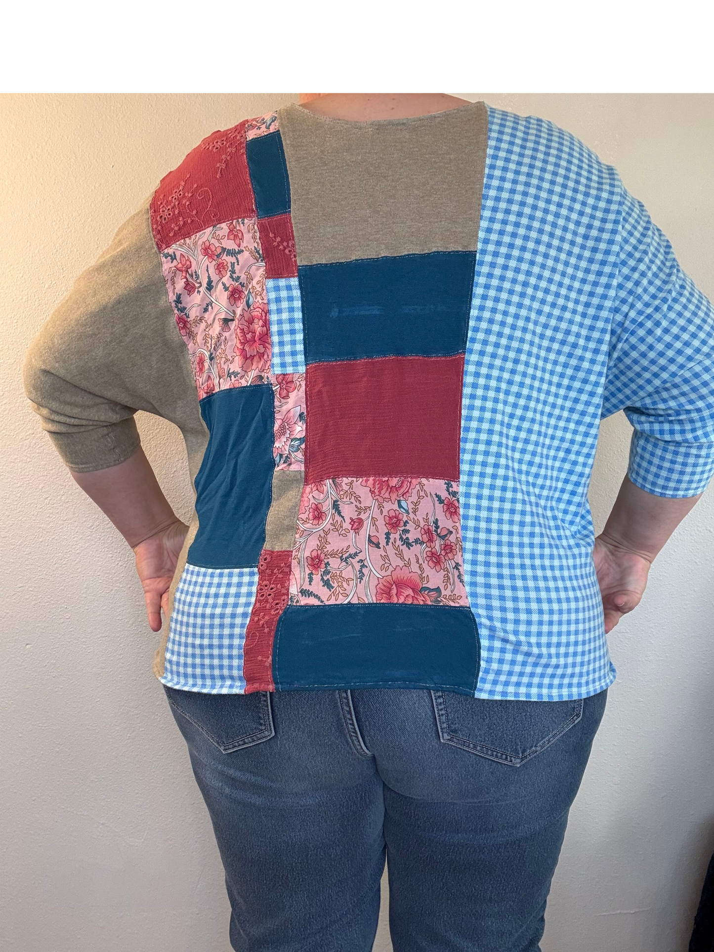 Upcycled Quilted Patchwork Top - The Glenda | Women's XL | Pink Blue Brown Colorful | Pocket