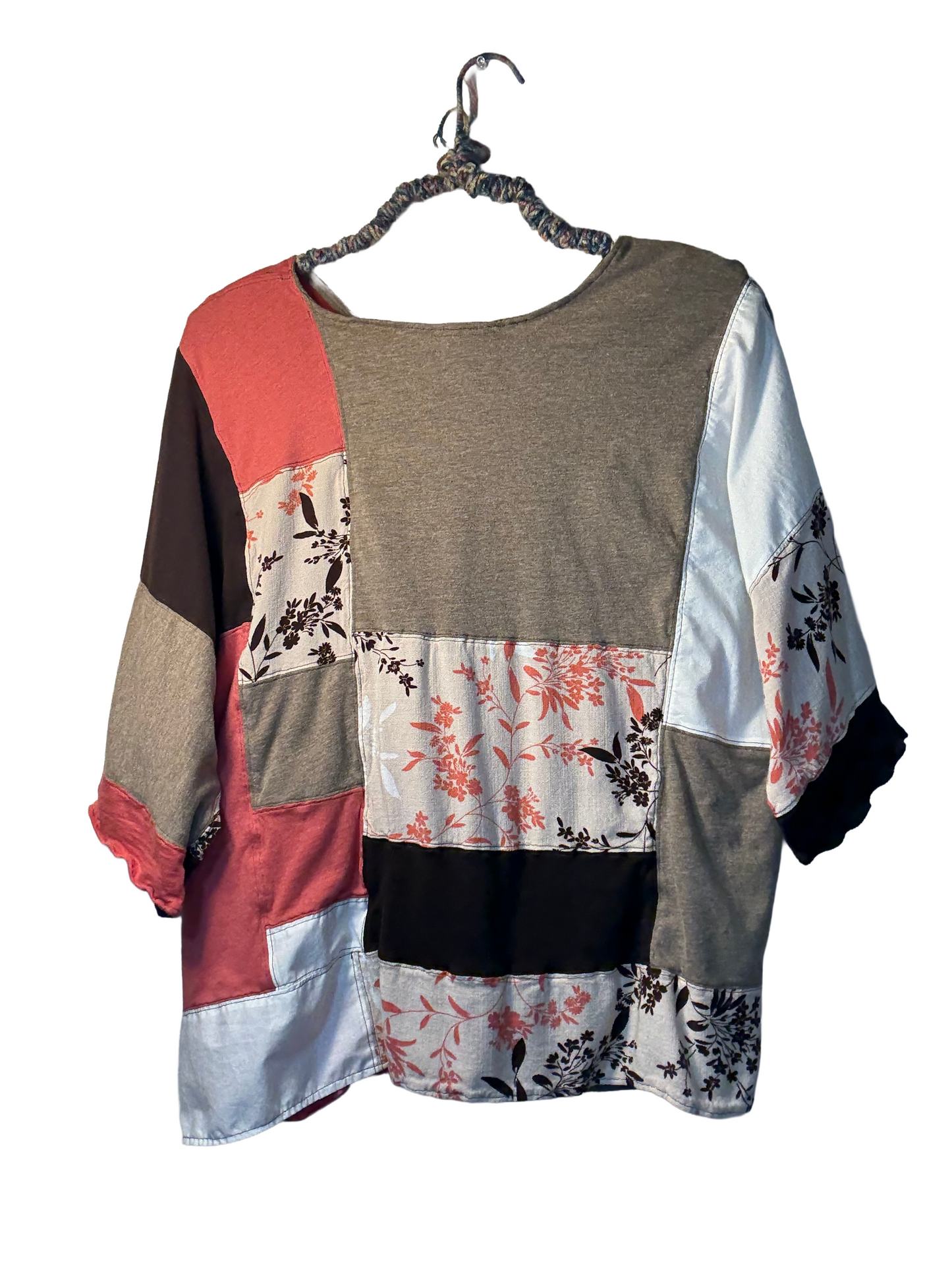 Upcycled Quilted Patchwork Top - The Hazel | Women's XL | Brown Pink Floral