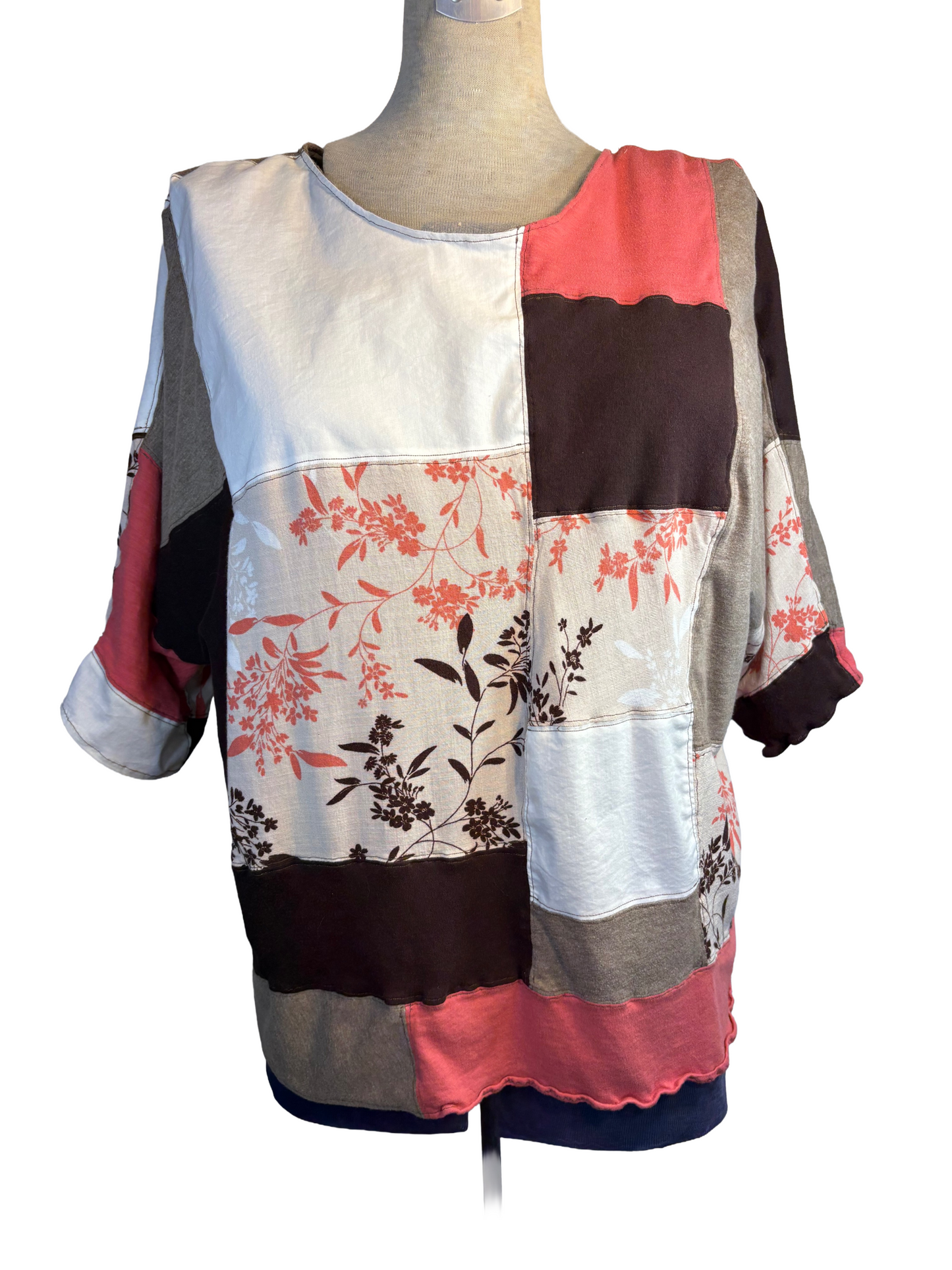 Upcycled Quilted Patchwork Top - The Hazel | Women's XL | Brown Pink Floral