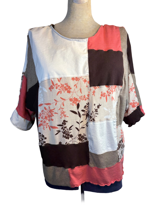 Upcycled Quilted Patchwork Top - The Hazel | Women's XL | Brown Pink Floral