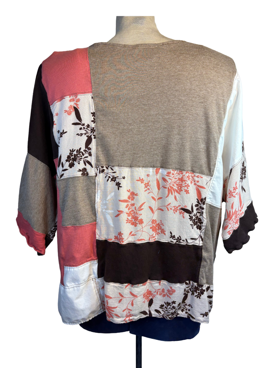Upcycled Quilted Patchwork Top - The Hazel | Women's XL | Brown Pink Floral