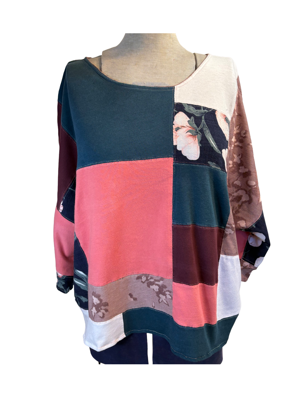 The Hazel - Upcycled Quilted Boxy Patchwork Top Womens Size XL Pink Teal Blue Floral Retro Shirt
