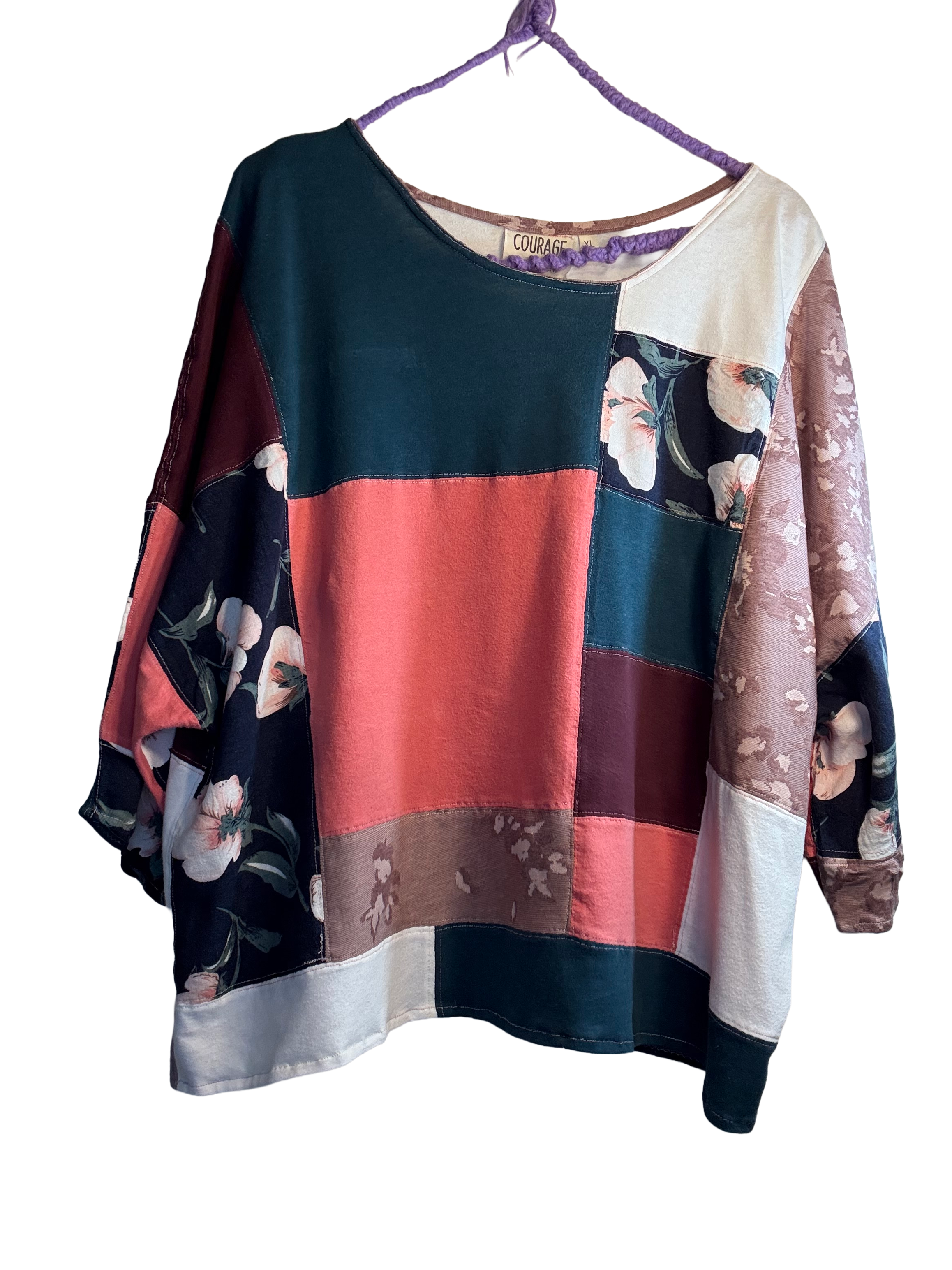 The Hazel - Upcycled Quilted Boxy Patchwork Top Womens Size XL Pink Teal Blue Floral Retro Shirt
