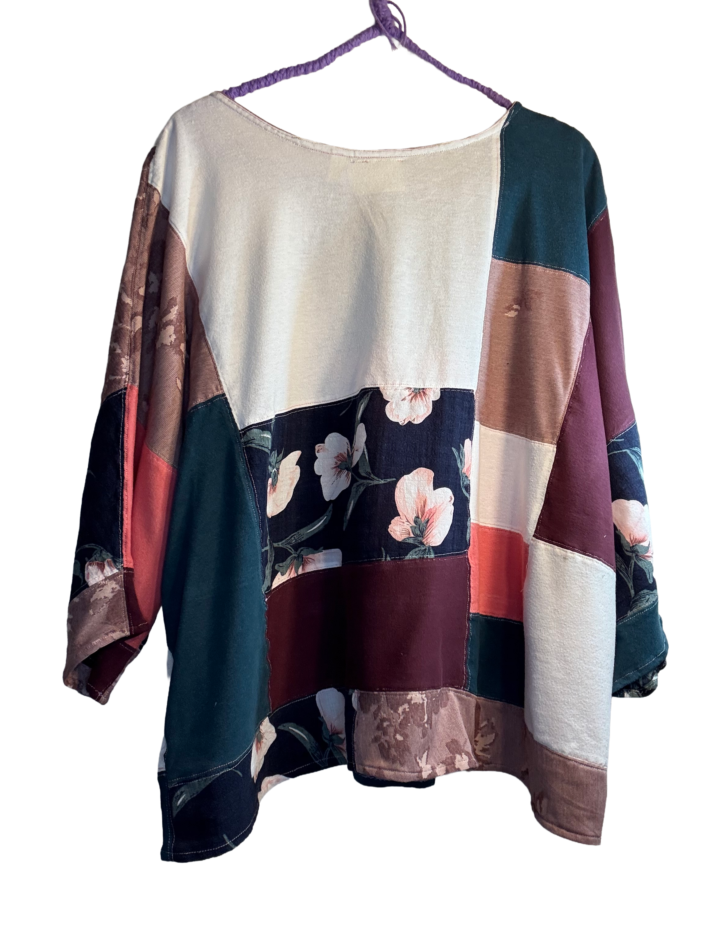 The Hazel - Upcycled Quilted Boxy Patchwork Top Womens Size XL Pink Teal Blue Floral Retro Shirt