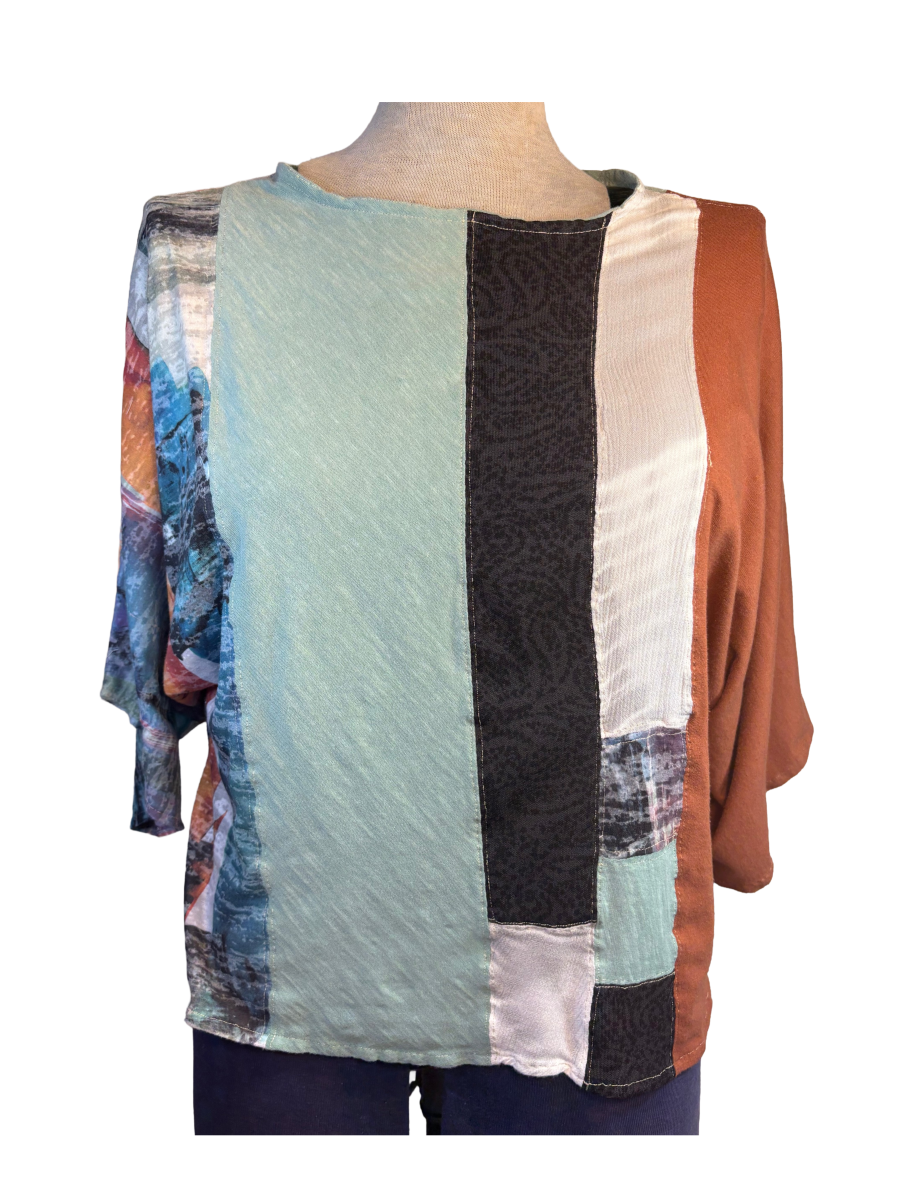 Upcycled Quilted Patchwork Top - The Lisa | Women's Medium | Green Brown