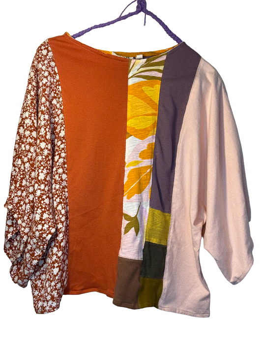 Upcycled Retro Patchwork Top - The Lisa | Women's Medium | Pink Orange Purple