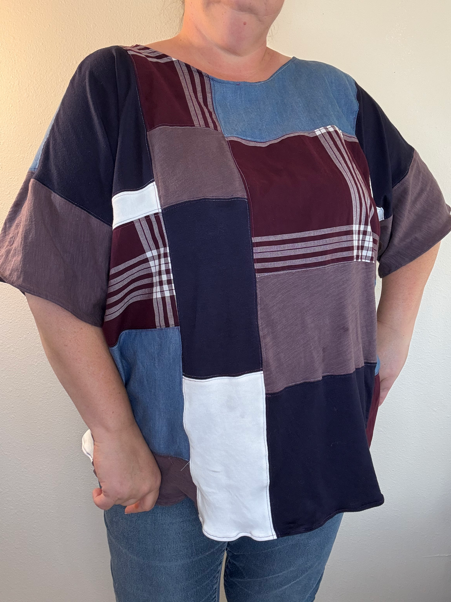 Upcycled Quilted Patchwork Top - The Luella| Women's XL Plus Size | Blue Denim Purple Unique Farmhouse