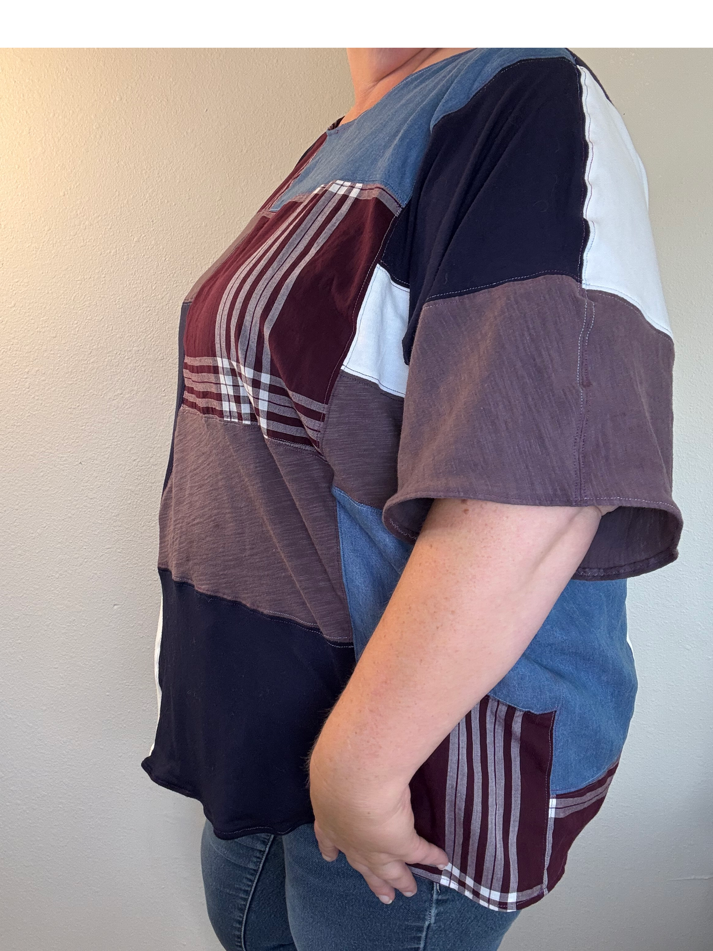 Upcycled Quilted Patchwork Top - The Luella| Women's XL Plus Size | Blue Denim Purple Unique Farmhouse
