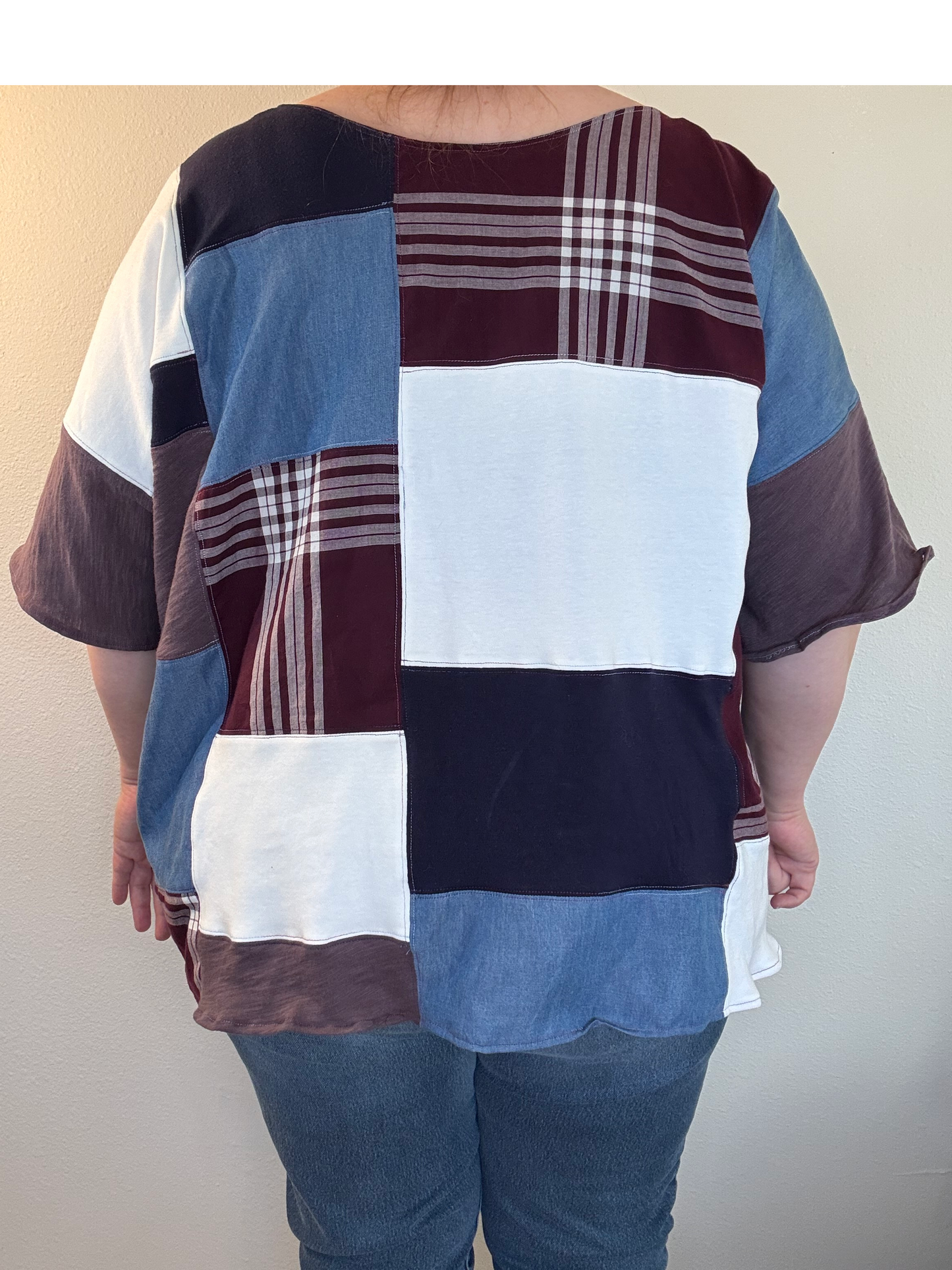 Upcycled Quilted Patchwork Top - The Luella| Women's XL Plus Size | Blue Denim Purple Unique Farmhouse