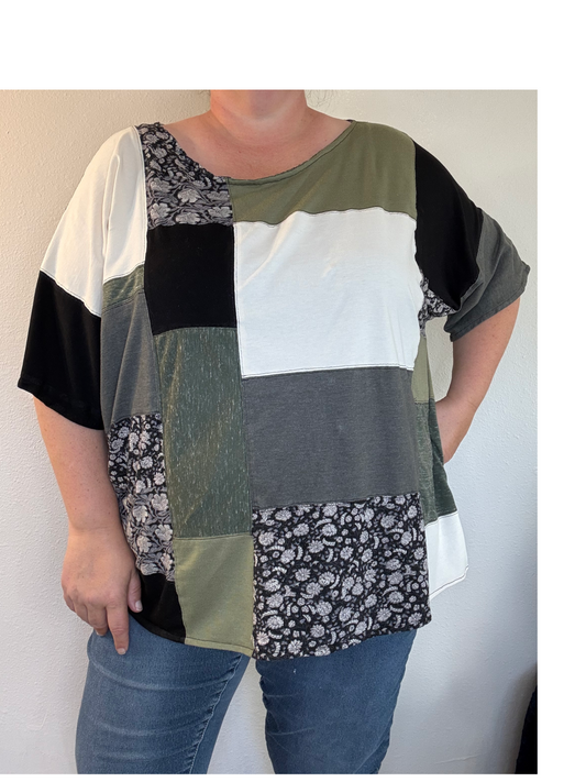 Upcycled Quilted Patchwork Top - The Luella | Women's XL Plus Size | Green Black White Artsy Boxy