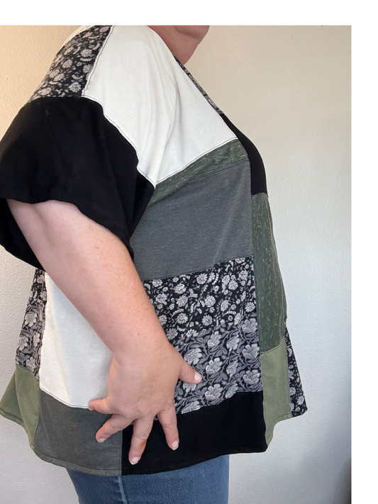 Upcycled Quilted Patchwork Top - The Luella | Women's XL Plus Size | Green Black White Artsy Boxy