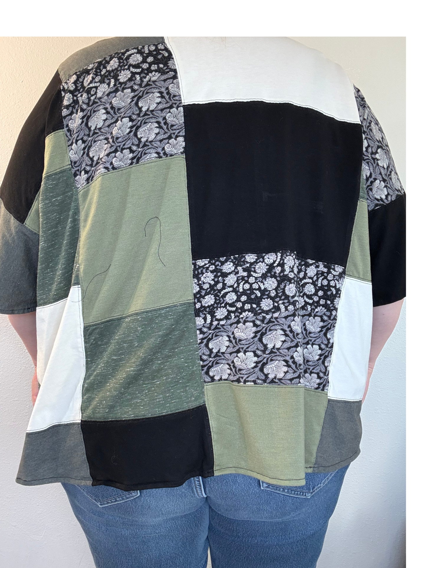 Upcycled Quilted Patchwork Top - The Luella | Women's XL Plus Size | Green Black White Artsy Boxy