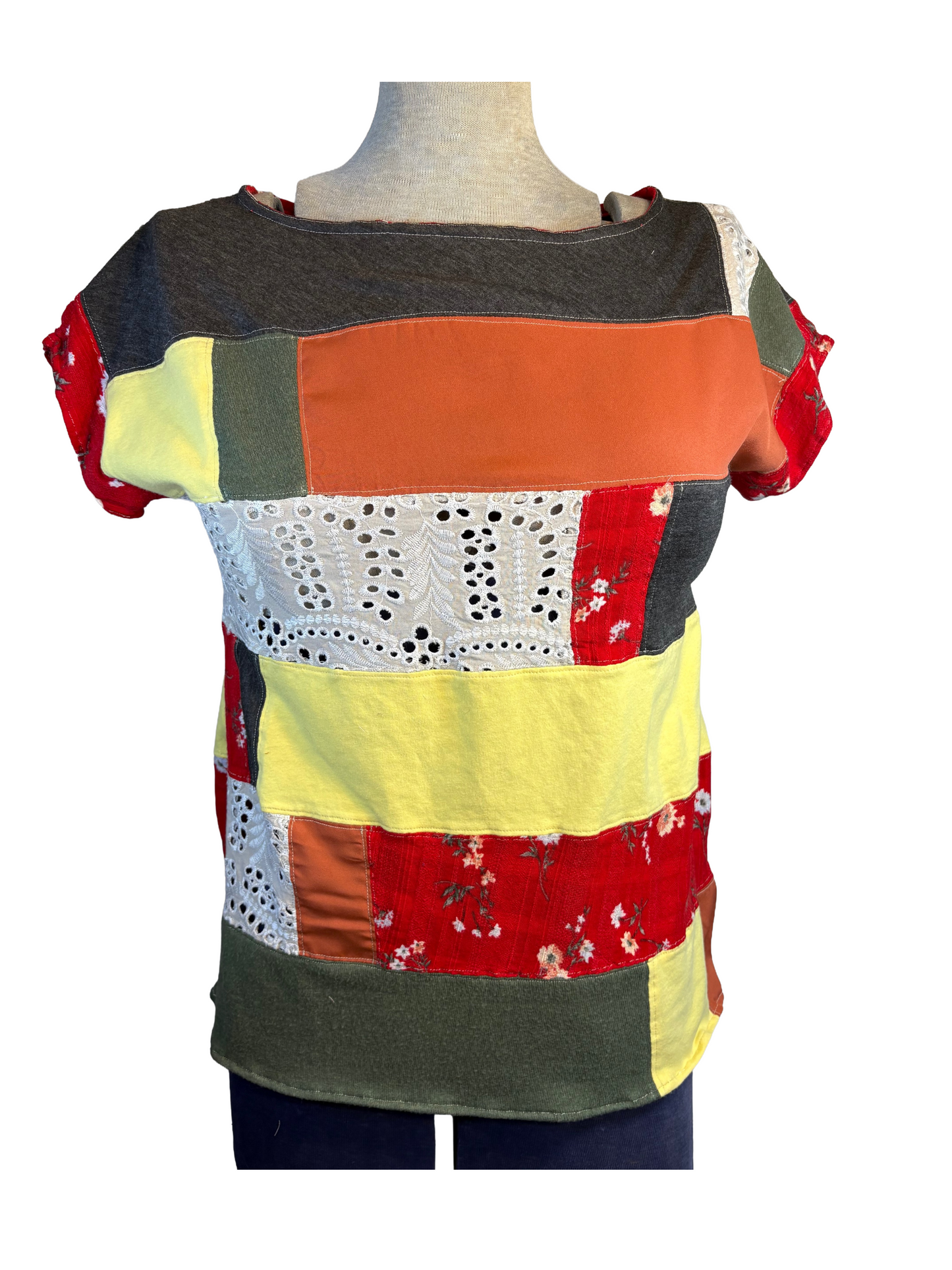 Upcycled Patchwork Top - The Mabel | Women's Medium | Red Yellow Orange