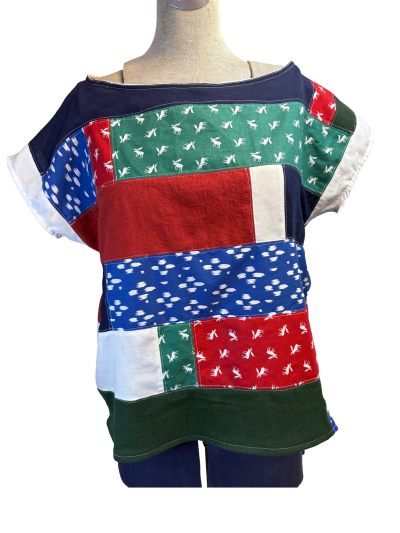 The Mabel - Upcycled Christmas Shirt Cute Boxy Reworked Womens Size Large Top Green Red Blue Holiday Blouse